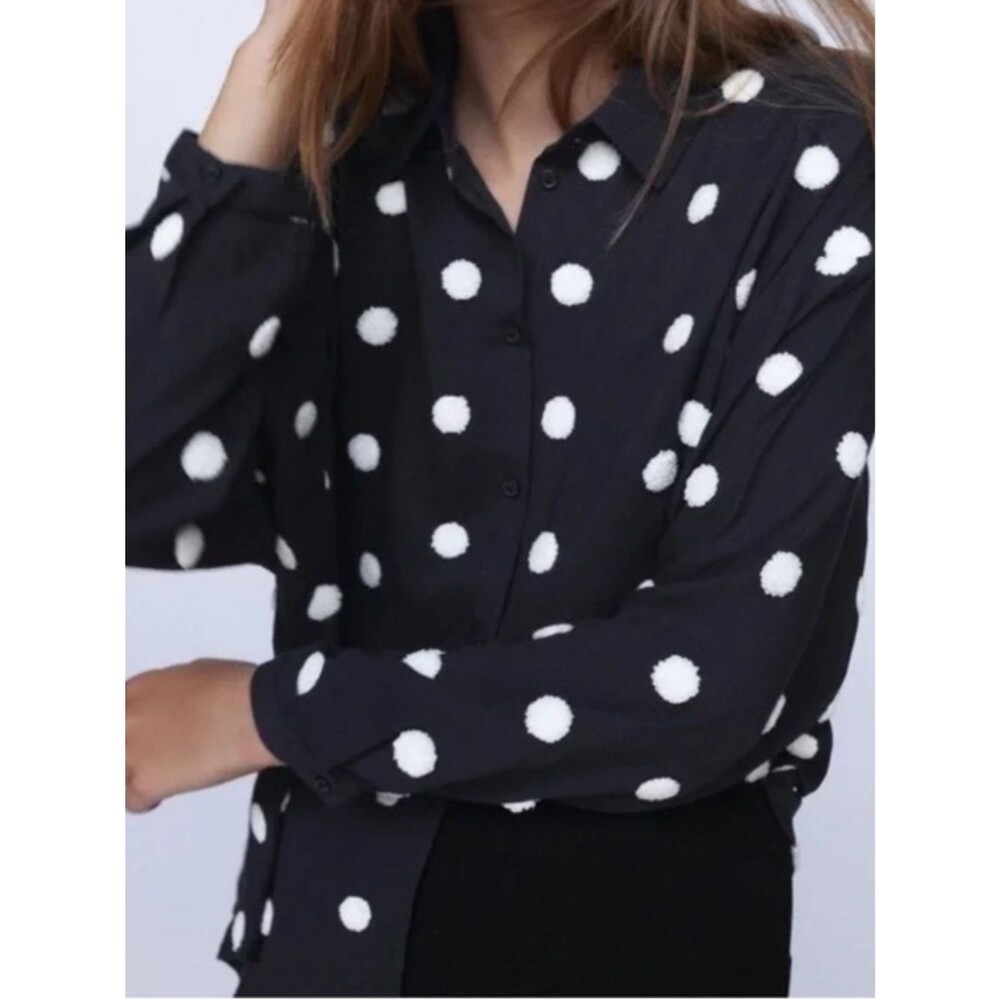 Zara Basic Textured Polka Dot Sheer Oversized Button Down Shirt | Black | XS